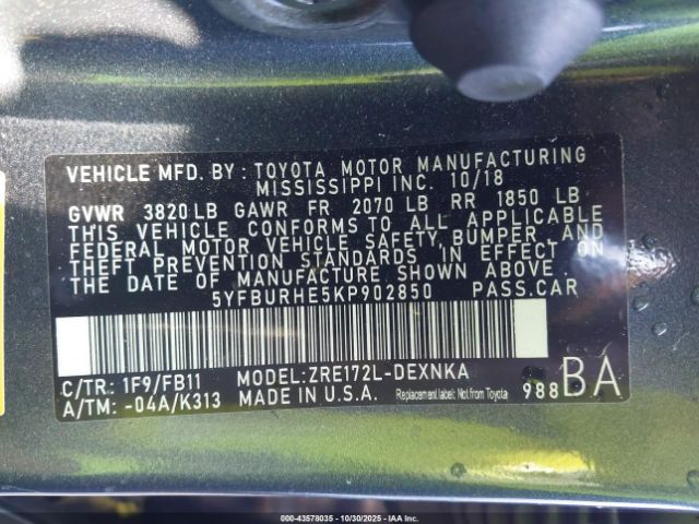 2019 TOYOTA COROLLA 5YFBURHE5KP902850 Photo 8