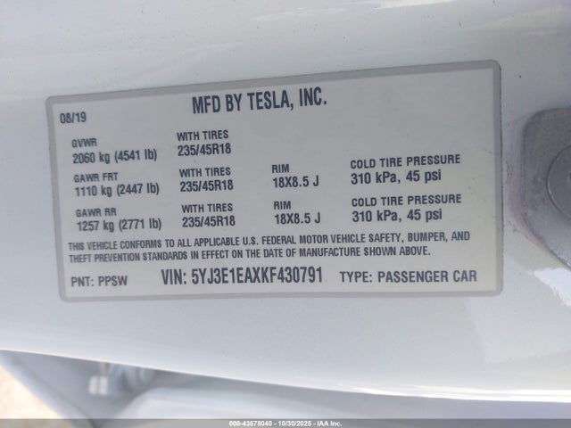 2019 TESLA MODEL 3 5YJ3E1EAXKF430791 Photo 8
