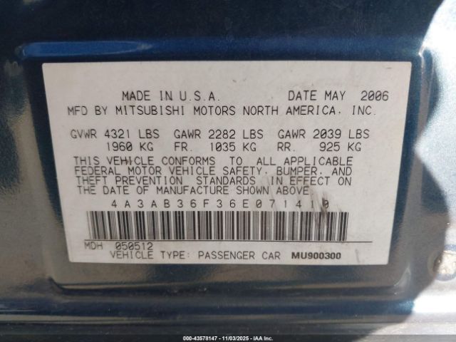 2006 MITSUBISHI GALANT 4A3AB36F36E071410 Photo 8