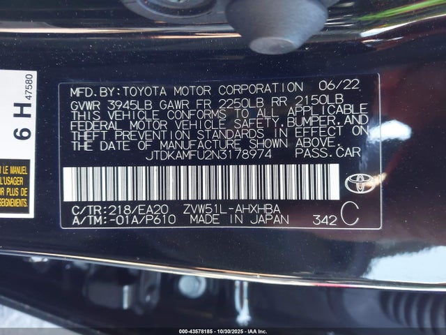 JTDKAMFU2N3178974 Toyota 2zr-fxe,1nm