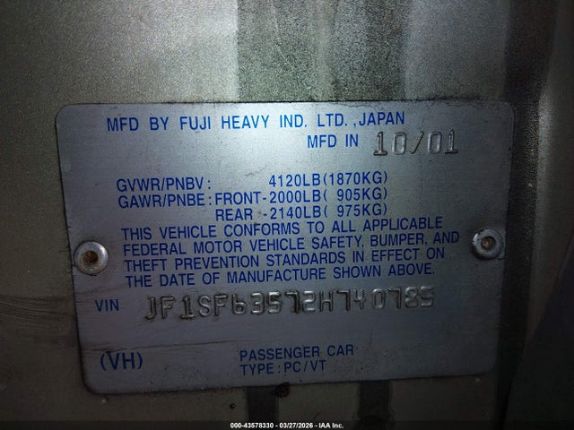 Aukcja sprzedaży 2002 Subaru Forester L, vin: JF1SF63572H740785, numer aukcji: 43578330
