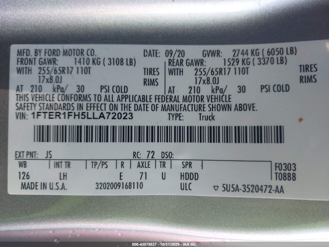 Ford RANGER XL 2020 1FTER1FH5LLA72023 Image 9