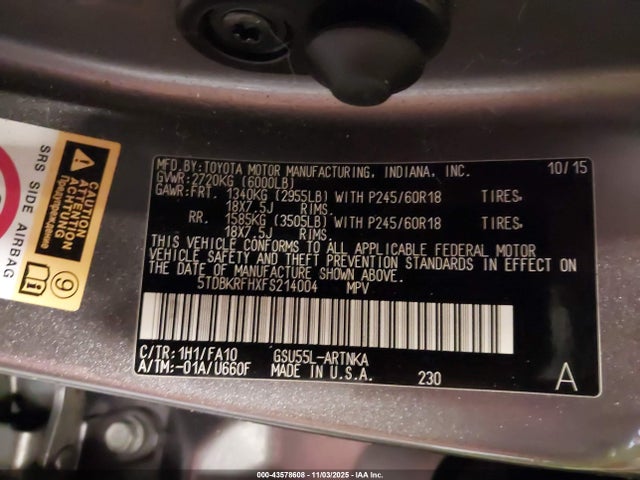 Toyota Highlander Le Plus V6 2015 5TDBKRFHXFS214004 Image 9