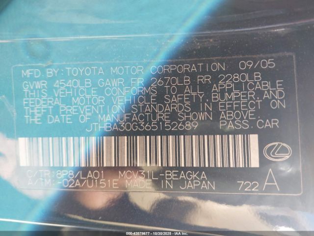 2006 LEXUS ES 330 JTHBA30G365152689 Photo 8