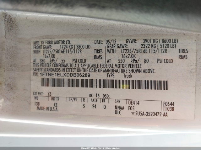 Aukcja sprzedaży 2013 Ford E-150 Commercial, vin: 1FTNE1ELXDDB06289, numer aukcji: 43578796