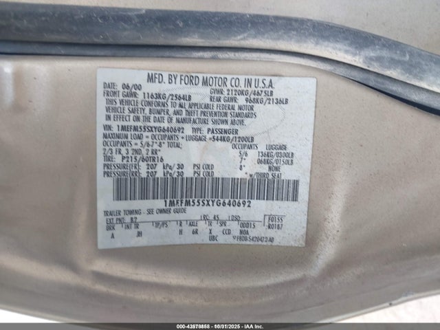 43578858 :رقم المزاد ، 1MEFM55SXYG640692 vin ، 2000 Mercury Sable Ls Premium مزاد بيع