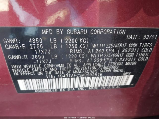 2021 SUBARU OUTBACK 4S4BTAFC3M3202516 Photo 8