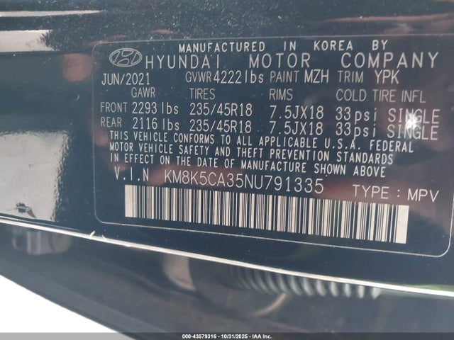 Aukcja sprzedaży 2022 Hyundai Kona Limited, vin: KM8K5CA35NU791335, numer aukcji: 43579316