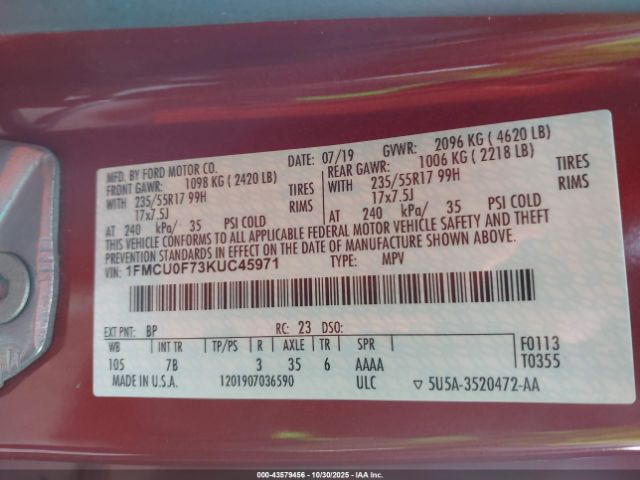 2019 FORD ESCAPE 1FMCU0F73KUC45971 Photo 8