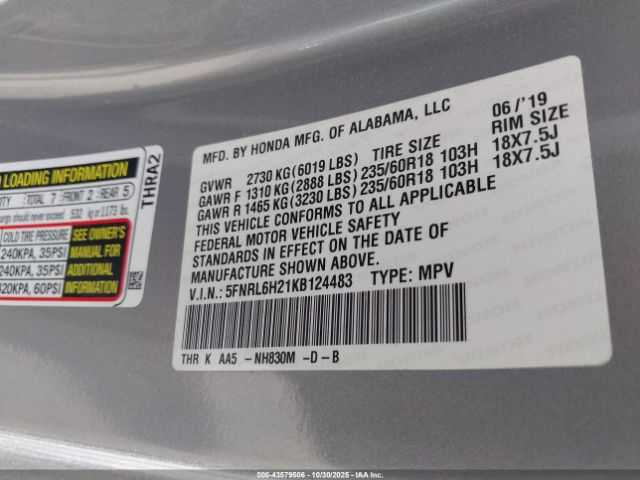 2019 HONDA ODYSSEY 5FNRL6H21KB124483 Photo 8