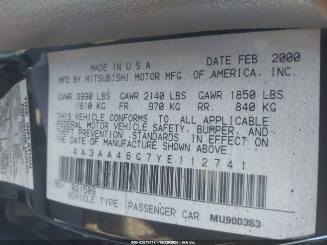 2000 MITSUBISHI GALANT 4A3AA46G7YE112741 Photo 8