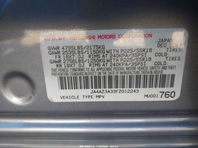 2015 MITSUBISHI OUTLANDER JA4AZ3A33FZ012243 Photo 8