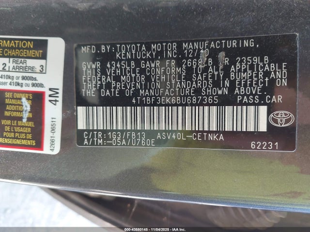 2011 Toyota Camry Le მანქანა იყიდება აუქციონზე, vin: 4T1BF3EK6BU687365, აუქციონის ნომერი: 43580145