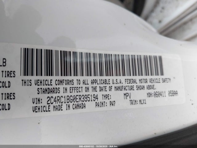 2014 Chrysler Town & Country Touring მანქანა იყიდება აუქციონზე, vin: 2C4RC1BG0ER395194, აუქციონის ნომერი: 43580152