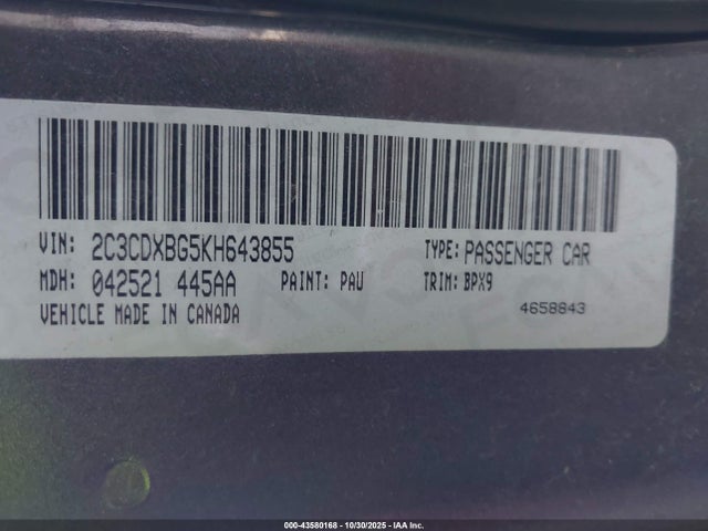 43580168 :رقم المزاد ، 2C3CDXBG5KH643855 vin ، 2019 Dodge Charger Sxt Rwd مزاد بيع