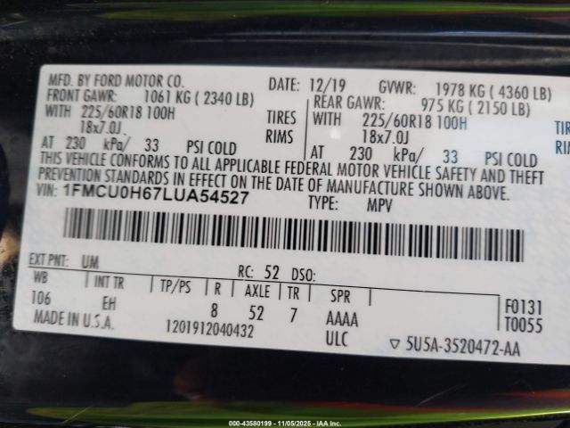 2020 FORD ESCAPE 1FMCU0H67LUA54527 Photo 8