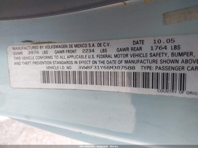 43580200 :رقم المزاد ، 3VWRF31Y66M307588 vin ، 2006 Volkswagen New Beetle 2.5 مزاد بيع