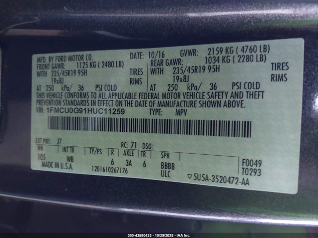 Ford ESCAPE SE 2017 1FMCU0G91HUC11259 Image 9