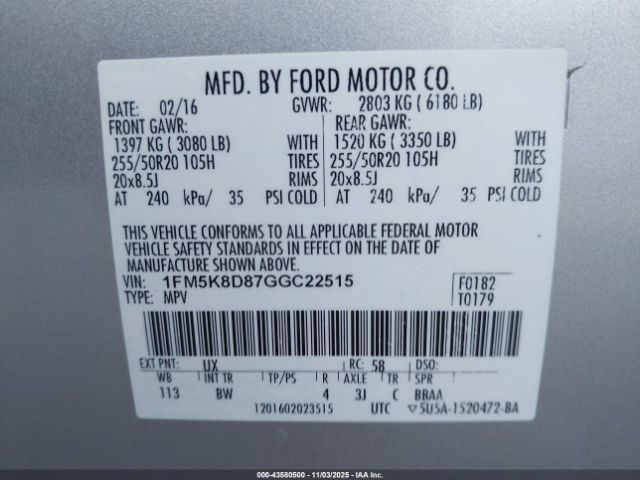 2016 FORD EXPLORER 1FM5K8D87GGC22515 Photo 8