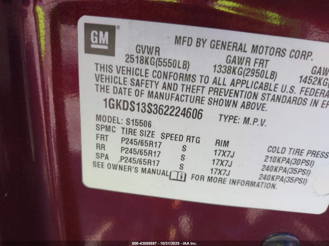 43580597 :رقم المزاد ، 1GKDS13S362224606 vin ، 2006 Gmc Envoy Slt مزاد بيع