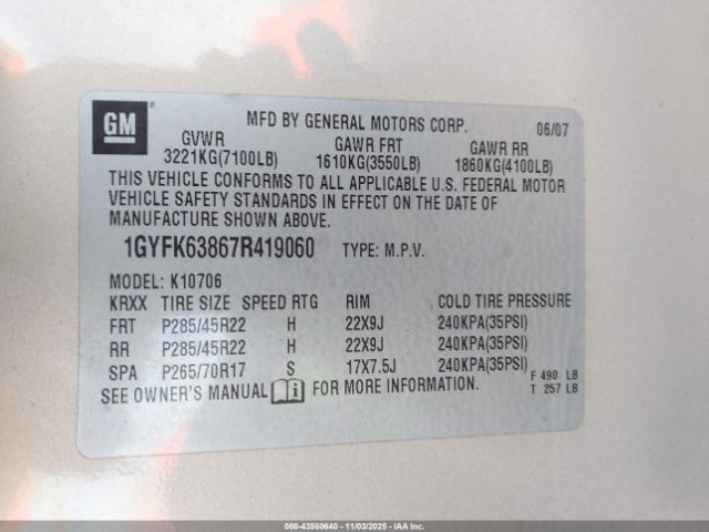 2007 CADILLAC ESCALADE 1GYFK63867R419060 Photo 8
