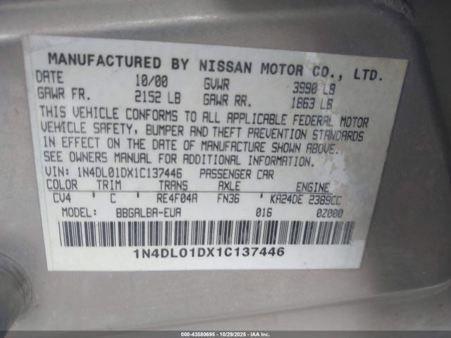 Aukcja sprzedaży 2001 Nissan Altima Gxe, vin: 1N4DL01DX1C137446, numer aukcji: 43580695