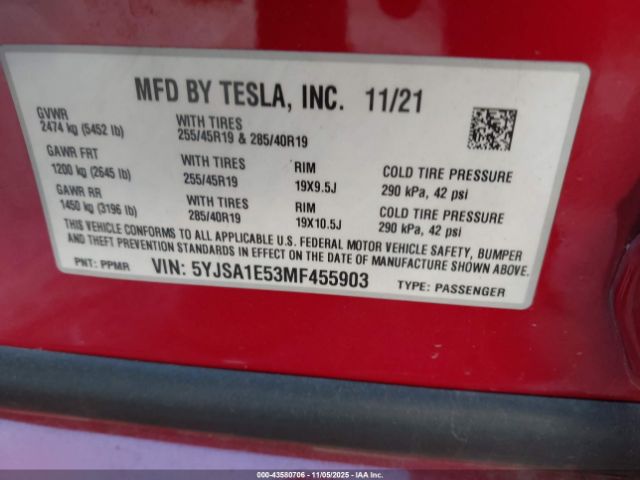 2021 TESLA MODEL S 5YJSA1E53MF455903 Photo 8