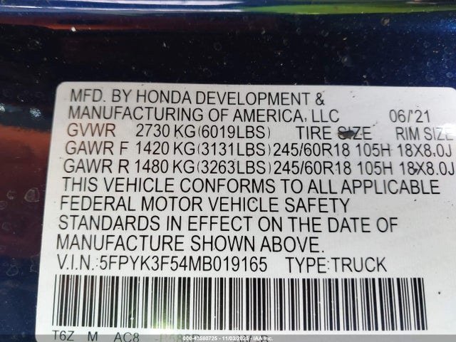 2021 Honda Ridgeline Awd Rtl მანქანა იყიდება აუქციონზე, vin: 5FPYK3F54MB019165, აუქციონის ნომერი: 43580725