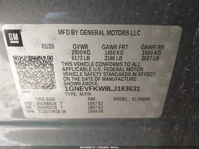 1GNEVFKW8LJ193631 Chevrolet Traverse Awd Ls