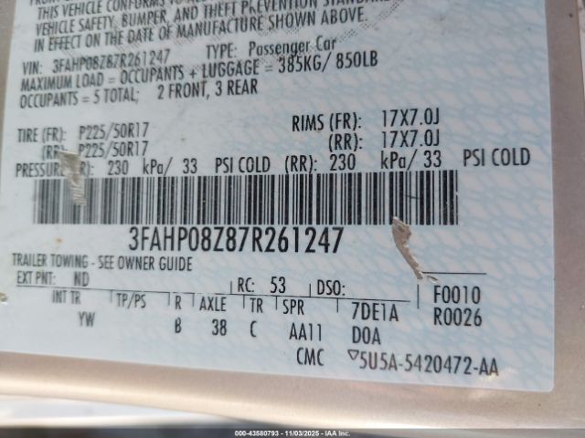 2007 FORD FUSION 3FAHP08Z87R261247 Photo 8