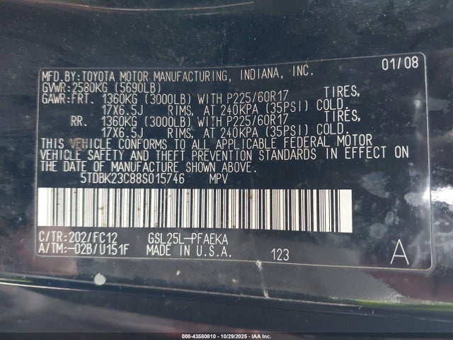 2008 Toyota Sienna Le მანქანა იყიდება აუქციონზე, vin: 5TDBK23C88S015746, აუქციონის ნომერი: 43580810