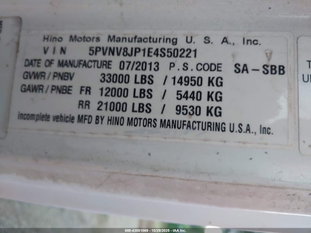 Продажа на аукционе авто 2014 Hino Hino 338, vin: 5PVNV8JP1E4S50221, номер лота: 43581069