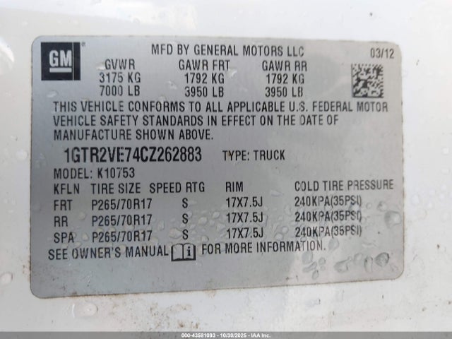 Aukcja sprzedaży 2012 Gmc Sierra 1500 Sle, vin: 1GTR2VE74CZ262883, numer aukcji: 43581093