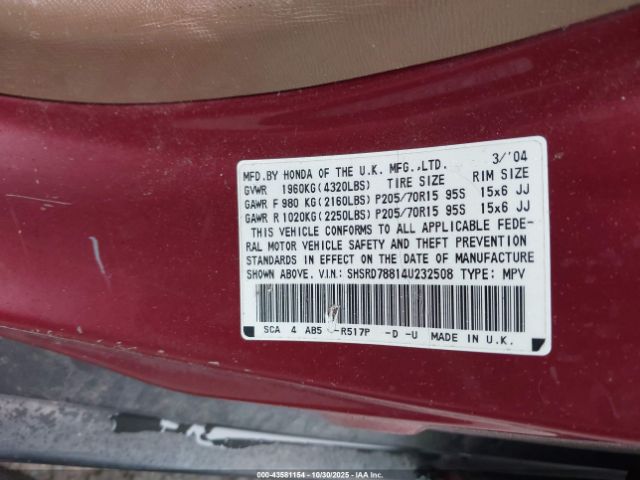 2004 HONDA CR-V SHSRD78814U232508 Photo 8