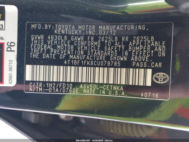 2012 TOYOTA CAMRY 4T1BF1FK6CU079785 Photo 8