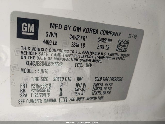 Продажа на аукционе авто 2020 Buick Encore Awd Preferred, vin: KL4CJESB4LB046648, номер лота: 43581386