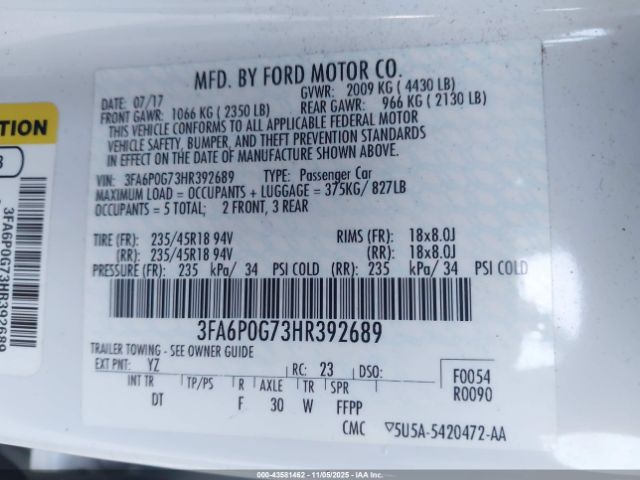 2017 FORD FUSION 3FA6P0G73HR392689 Photo 8