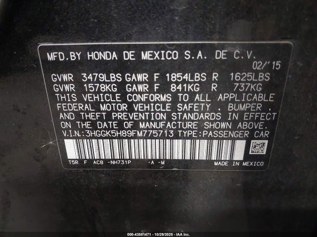 3HGGK5H89FM775713 Honda l15b1