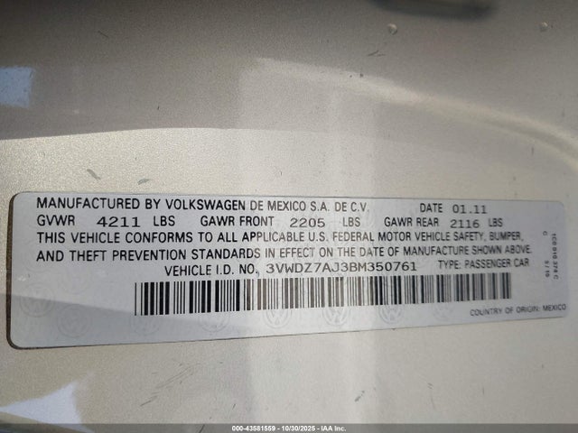 2011 Volkswagen Jetta 2.5l Se მანქანა იყიდება აუქციონზე, vin: 3VWDZ7AJ3BM350761, აუქციონის ნომერი: 43581559