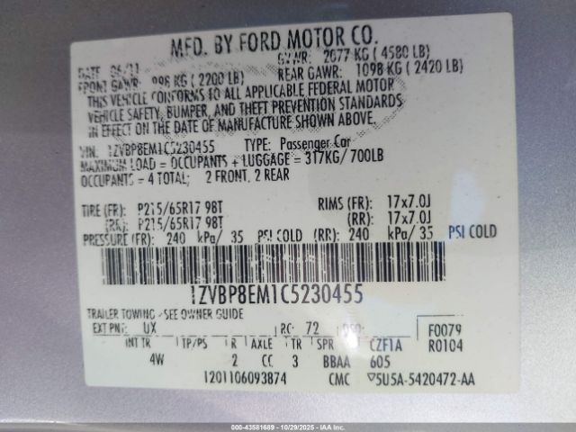 2012 FORD MUSTANG 1ZVBP8EM1C5230455 Photo 8