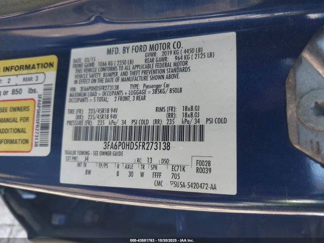 Ford FUSION SE 2015 3FA6P0HD5FR273138 Image 9