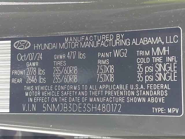 2025 Hyundai Tucson Sel მანქანა იყიდება აუქციონზე, vin: 5NMJB3DE3SH480172, აუქციონის ნომერი: 43581898