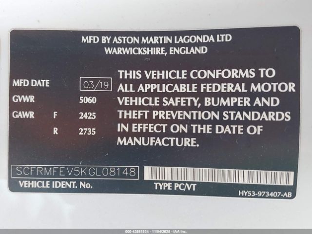 2019 ASTON MARTIN DB11 SCFRMFEV5KGL08148 Photo 8