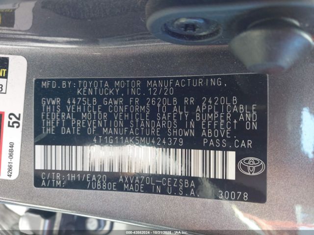 2021 TOYOTA CAMRY 4T1G11AK5MU424379 Photo 8