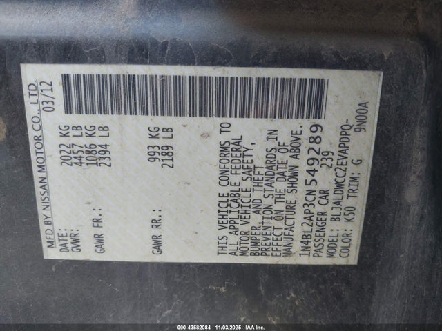 2012 Nissan Altima 3.5 Sr მანქანა იყიდება აუქციონზე, vin: 1N4BL2AP3CN549289, აუქციონის ნომერი: 43582084