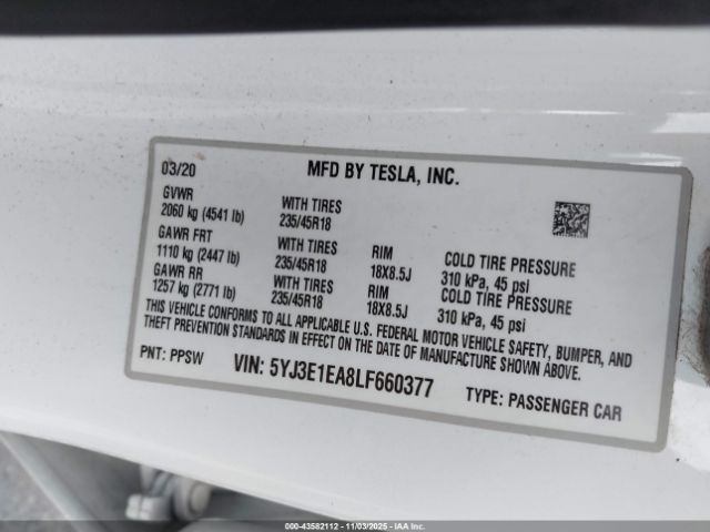 2020 TESLA MODEL 3 5YJ3E1EA8LF660377 Photo 8