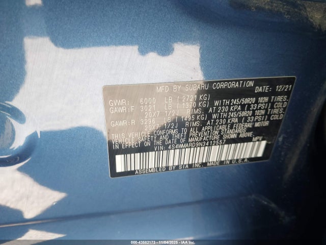 2022 Subaru Ascent Touring მანქანა იყიდება აუქციონზე, vin: 4S4WMARD9N3412557, აუქციონის ნომერი: 43582173