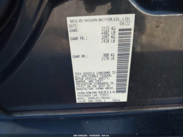 2022 Nissan Altima Sv Intelligent Awd მანქანა იყიდება აუქციონზე, vin: 1N4BL4DW2NN369514, აუქციონის ნომერი: 43582200