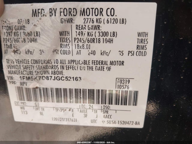 1FM5K7D87JGC52163 Ford EXPLORER XLT