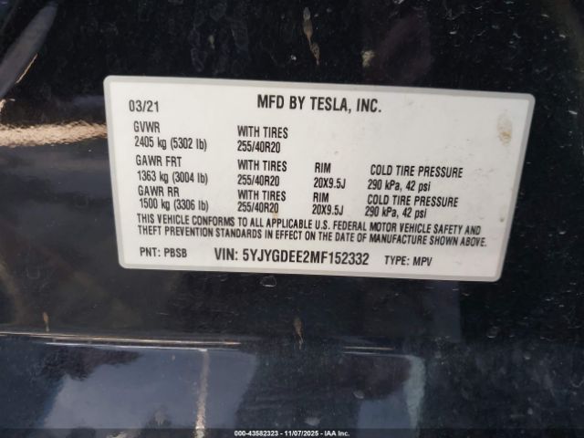 2021 TESLA MODEL Y 5YJYGDEE2MF152332 Photo 8